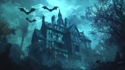 Wall Mural - Bats swirl around a decrepit house, its weathered facade and broken windows creating a chilling atmosphere that captures the essence of a haunted dwelling.