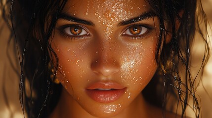 Canvas Print - Close-up portrait of a beautiful woman with wet skin and intense eyes.