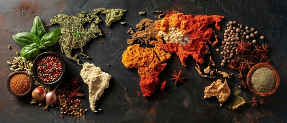 Wall Mural - A creative world map made of various spices on a dark background. The map features continents outlined with spices like ginger and cinnamon, adding vibrant colors and texture.