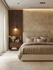 beige tones bedroom ,wood and travertine materials, soft curtains foto