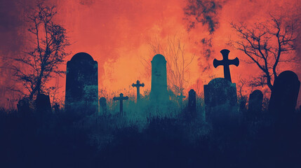 Wall Mural - A graveyard with a few crosses and a few headstones