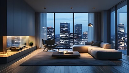 sleek modern minimalist living room featuring cityscape views at night with a touch of generative AI design elements