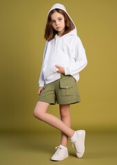 Poster - Kid wearing white hoodie with zip and denim box pleat skort shorts sweatshirt miniskirt.