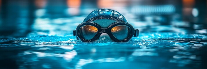 Swimming gear on display, vibrant cap and goggles in sharp focus, serene pool background softly blurred, inviting aquatic ambiance