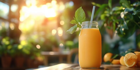 Refreshing juice in a bottle with a straw, vibrant colors, healthy lifestyle ambiance, softly blurred background, inviting and energizing atmosphere