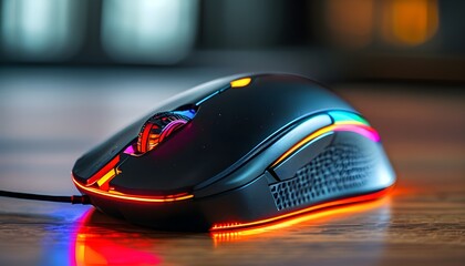 Wall Mural - Futuristic Black Mouse Illuminated by Rainbow Glow on Desk, Perfect Inspiration for Gaming Gear