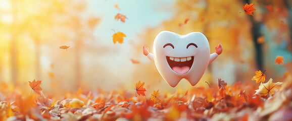 Happy 3D tooth jump in  pile of autumn leaves. Cheerful and playful dental character enjoy the fall season. For seasonal healthcare promotions and dental marketing