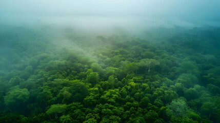 Wall Mural - Aerial View of a Lush Rainforest with Fog