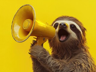 Wall Mural - The sloth is holding a yellow megaphone and appears to be shouting or making an announcement.