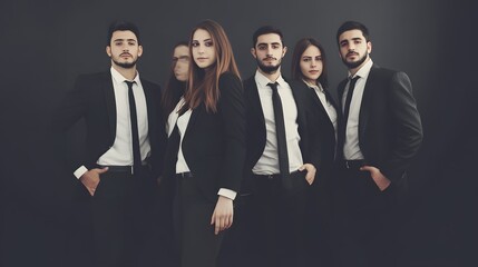 Poster - Group of young professionals in suits pose against a dark backdrop.