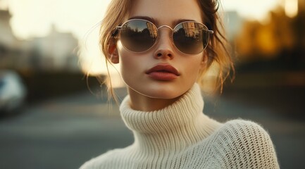 Stylish woman in sunglasses and sweater walking through urban city at sunset