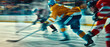 © Inai - Sportsman in motion. Professional hockey tournament, players at the ice rink arena playing in hockey. Hockey, winter active dynamic competition at ice stadium.Blurred background. Generative ai