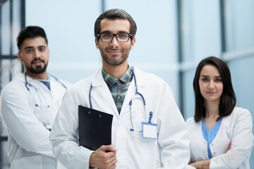 a view of a happy medical team of doctors, man and women