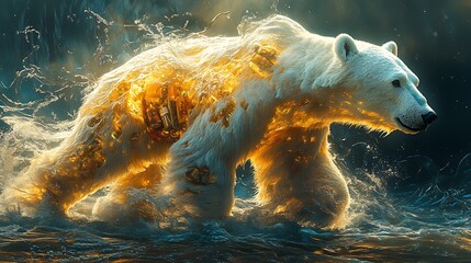 Wall Mural - a majestic polar bear with a glowing, ethereal interior walks through water.