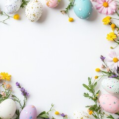 Colorful Easter eggs and pastel flowers on a white background with copy space.