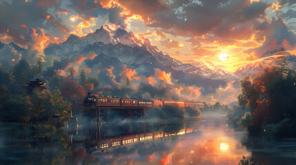 Wall Mural - Train Crossing a Mountain Lake at Sunset - Illustration