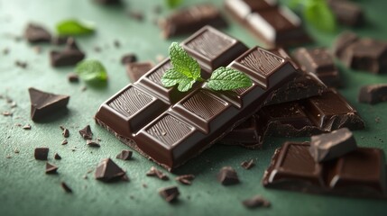 Close-up of dark chocolate bars with mint leaves on green background.