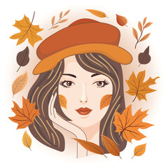 Portrait of a beautiful girl with autumn leaves, fall illustration, vector cartoon