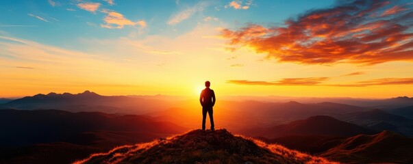 a figure standing on a hilltop under a rising sun, gazing at a clear horizon, symbolizing hope and a