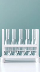 Wall Mural - clear test tubes and flasks filled with liquid are arranged on a table in a laboratory with a calmin