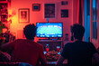 © Unic - A group of young men are watching a professional football match on TV, sitting at home on the couch in the evening. Football fans watch sports.
