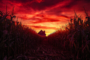 Sticker - Corn field spooky Halloween horror background, haunted house event, red sky