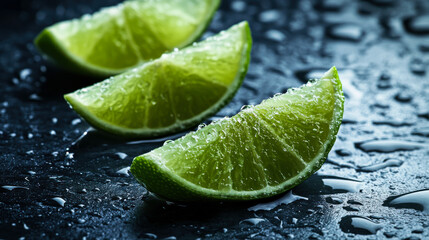 Freshly cut lime wedges glistening with water droplets on a dark surface