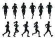 © MicroOne - Black silhouettes of sport runners set. Side and front view. Man and woman in different sport cloth running. Park exercising outdoor gym health care activity. Cartoon style isolated vector clipart