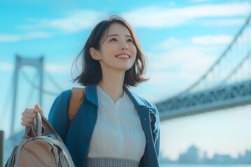 A smiling woman with a backpack near a bridge and water.