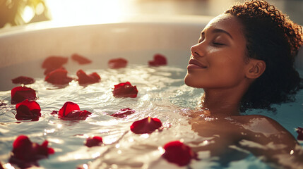 Young woman relaxing in jacuzzi with rose petals in spa salon