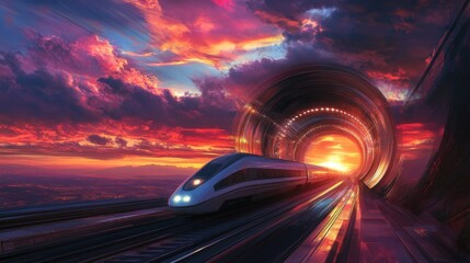 Wall Mural - A beautiful sunset view of a high-speed train entering a tunnel, with vibrant colors in the sky contrasting with the dark entrance, capturing the end of the day.