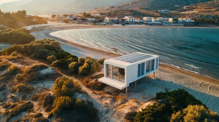 A drone photo shows an aerial view of a beach with a small white modern cabin on it