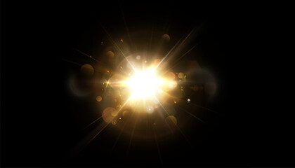 Wall Mural - Golden glowing light effect with glare and glitter. Solar flare. Glow effect. Starry flares with twinkling light. Beautiful twinkling glare light effect. Vector 10 EPS