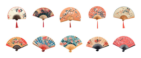 Chinese Japanese hand fan set. Asian geisha silk paper folding cooling and refreshing accessory for hot weather with floral traditional pattern decoration. Souvenir from Asia. Cartoon style isolated