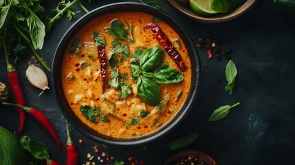 Canvas Print - A beautifully styled bowl of spicy curry with vibrant vegetables and herbs, highlighting the rich colors and textures that come from using fresh ingredients