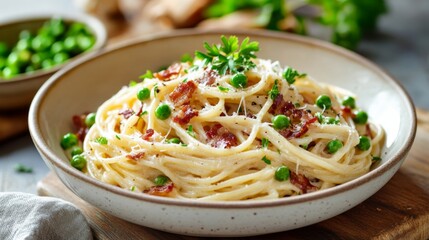 Canvas Print - A bowl of creamy carbonara spaghetti with crispy bacon and peas, beautifully plated and garnished with parsley, perfect for an elegant dinner.