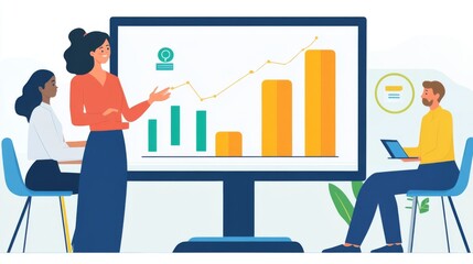 Poster - A businesswoman presenting a bar chart on a large monitor during a meeting, explaining trends and growth projections to colleagues.