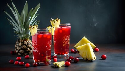 Refreshing red juice with pineapple slices and cranberries on a dark backdrop