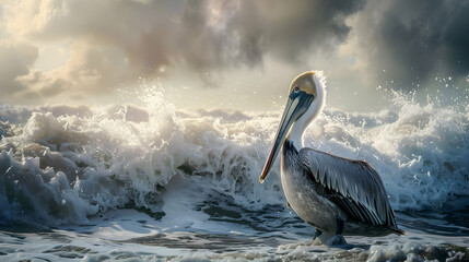 Poster - Pelican in the Ocean Waves - Coastal Wildlife Photography