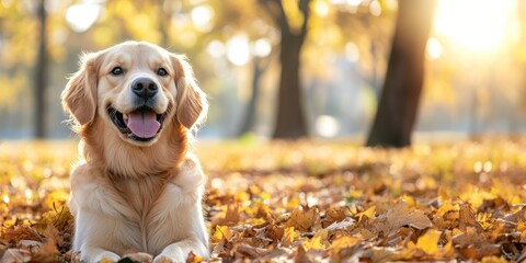 Poster - Golden Retriever dog playing in the autumn leaves at the park retriever golden happy.