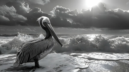 Poster - Pelican on the Beach in Black and White