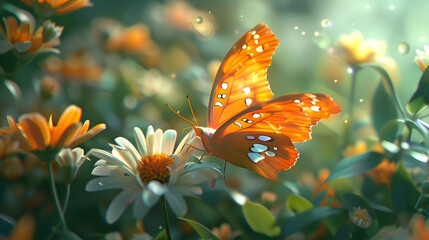 Sticker - Orange Butterfly on White Daisy Flower in a Lush Garden