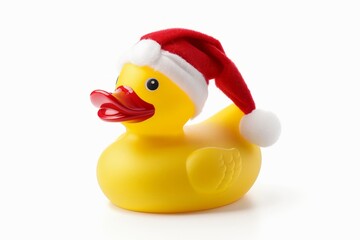 A cheerful rubber duck wearing a festive Santa hat. Perfect for holiday decorations and playful gifts. Bright and fun for kids and adults alike. Generative AI.