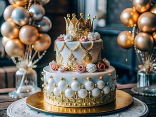 Gold elegant cake with flowers and crown