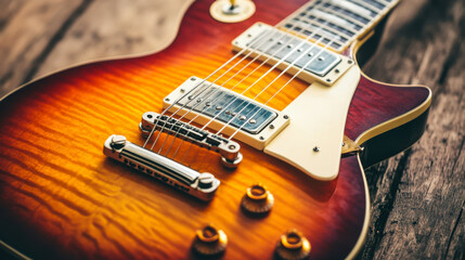 Close-up of an electric guitar resting on a wooden surface showcasing its vibrant sunburst finish and detailed hardware