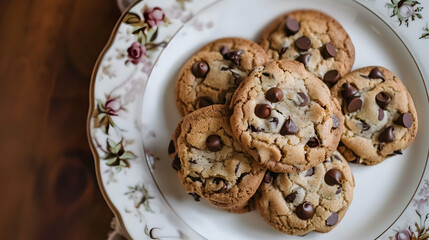 Wall Mural - Close-up of Chocolate Chip Cookies on a Floral Plate