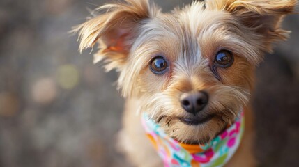 A close-up of a small dog wearing a colorful bandana, with a playful expression, highlighting the unique personality of beloved pets.