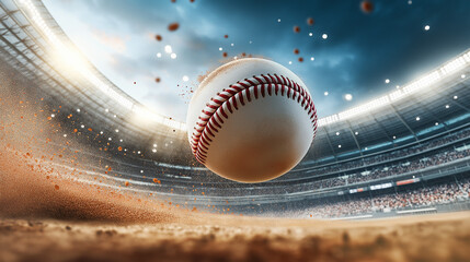 a high-energy, action-packed scene of a perfectly round baseball flying through a stadium, the ball spins rapidly, with clear red stitching and dynamic motion blur around it