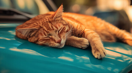 A charming red cat is napping on the hood of an old retro car. The concept of rest and relaxation of pets
