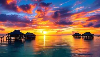 Tropical sunset illuminating water villas against a vibrant sky and serene ocean backdrop